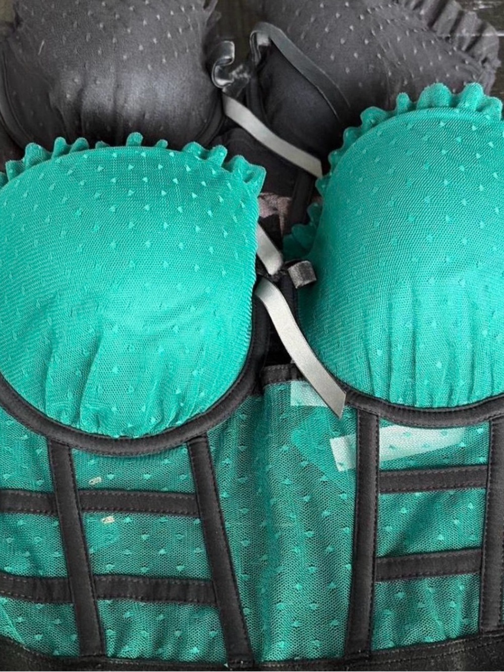 Teal Mesh Bustier Corset with Black Trim